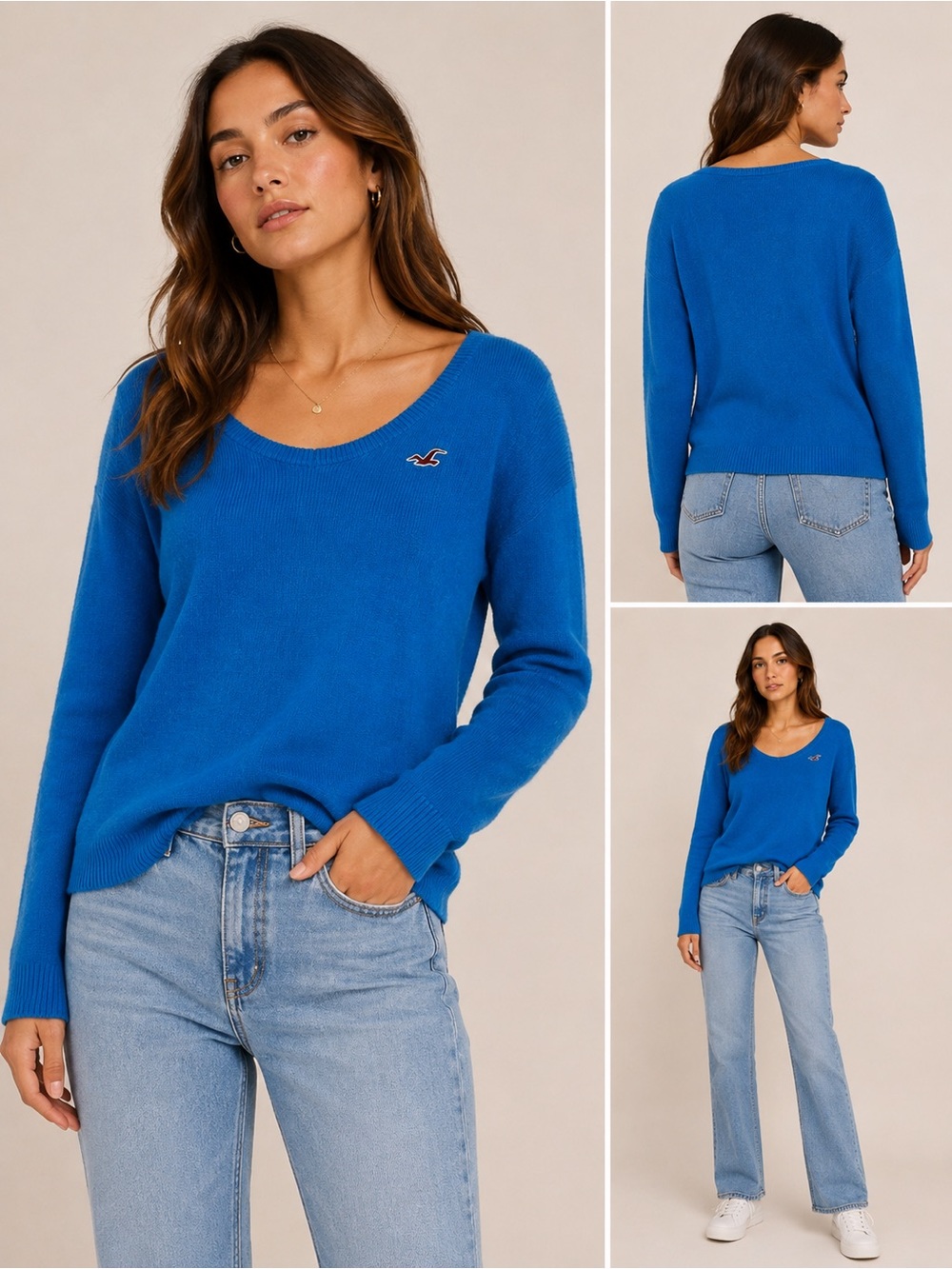 Hollister Women's Bright Blue Scoop Neck Knit Sweater